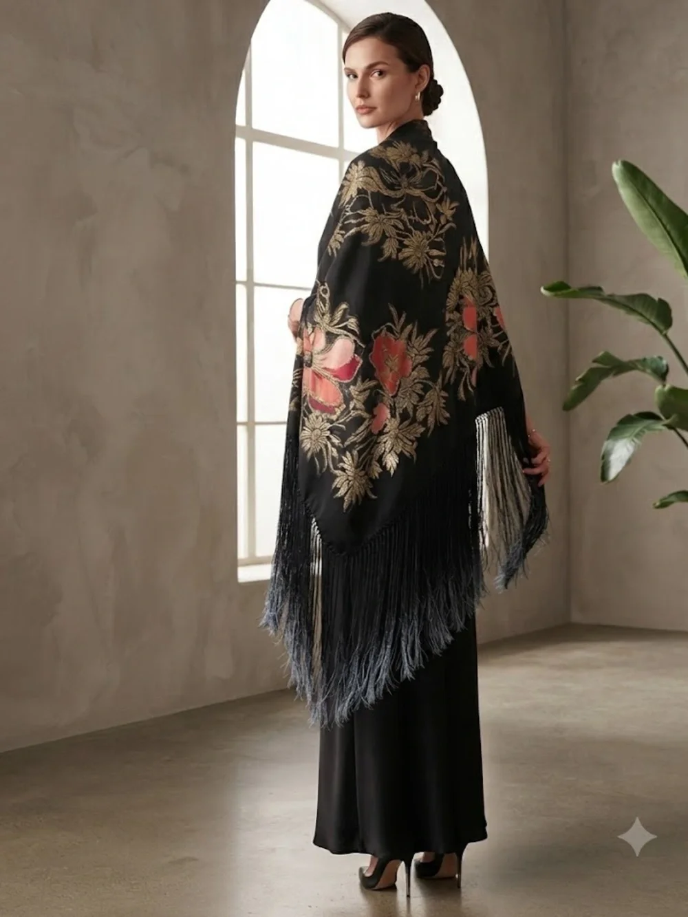 Artisan 100% Silk Embroidered Shawl Hand-Rolled Hem Hand-Knotted Fringe